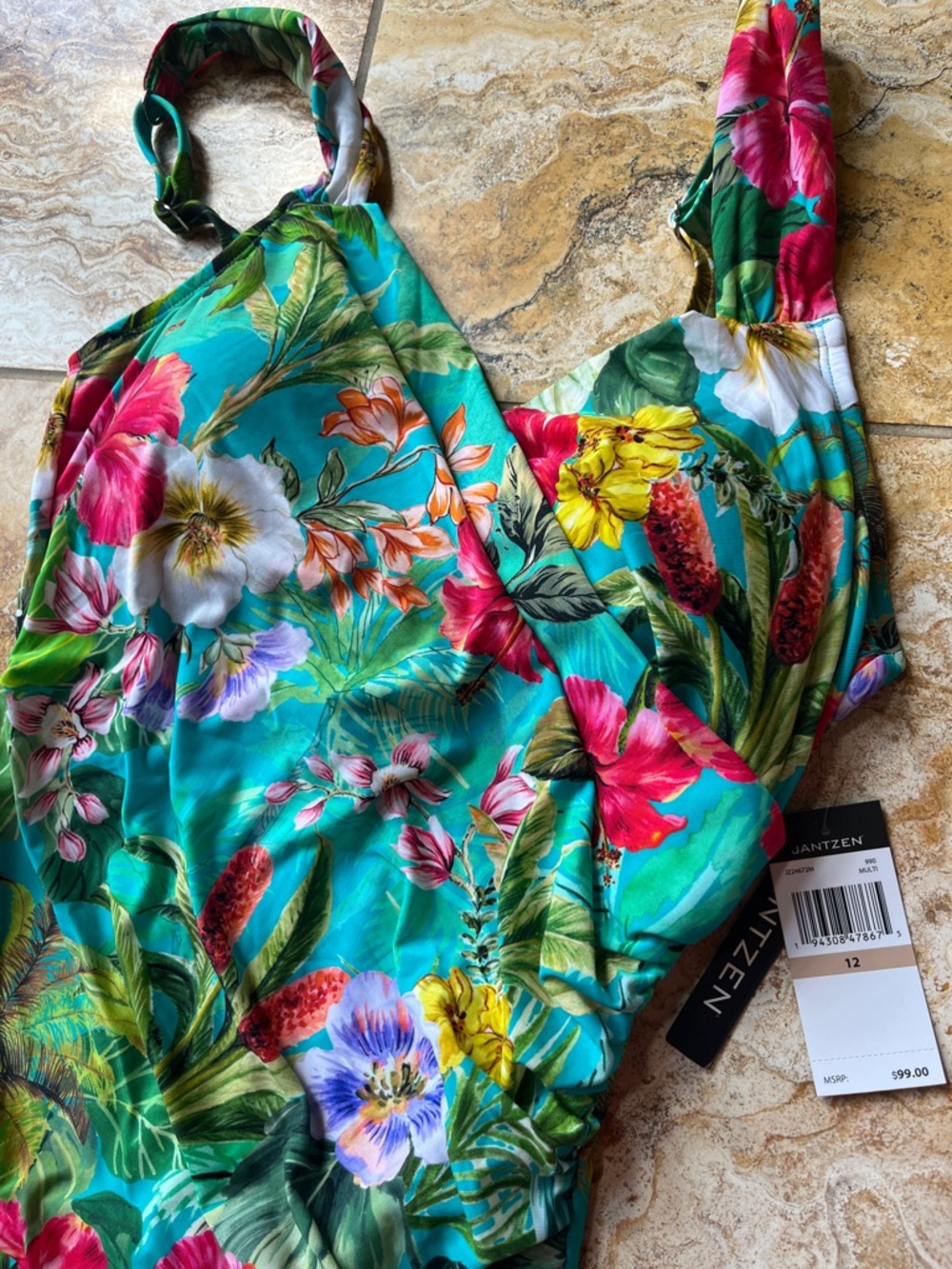 Jantzen Teal Tropical Floral One-Piece Swimsuit - Picture 2 of 5